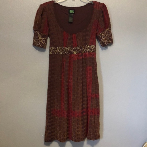 Custo Repainted Dresses & Skirts - Custo Repainted dress Women's Size 2 short sleeve red brown gold 100% cotton EUC